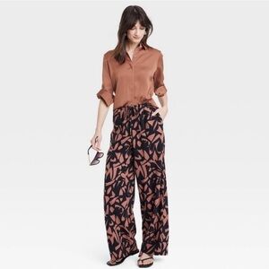 A New Day Women’s Copper Brown Satin Long-Sleeve Button Down Blouse